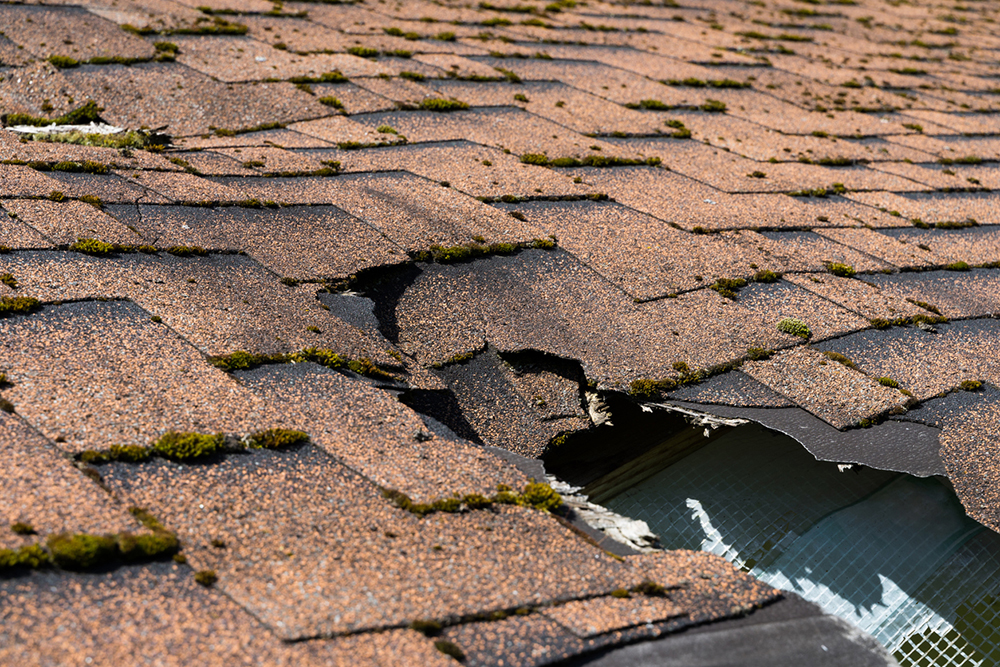 Broken shingles on roof